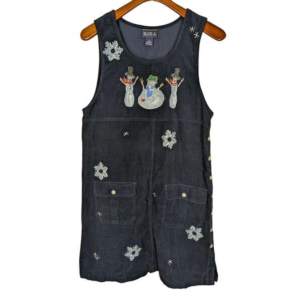 Blue J. Dresses & Skirts - Vintage Navy Blue Corduroy Jumper Size Medium Painted Snowmen Snowflakes Blue J